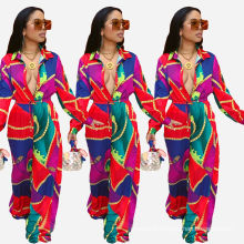 Hot Sell Women Floral Sexy Long Sleeve One Piece Shirt Tracksuits Loose Casual Pant Jumpsuits